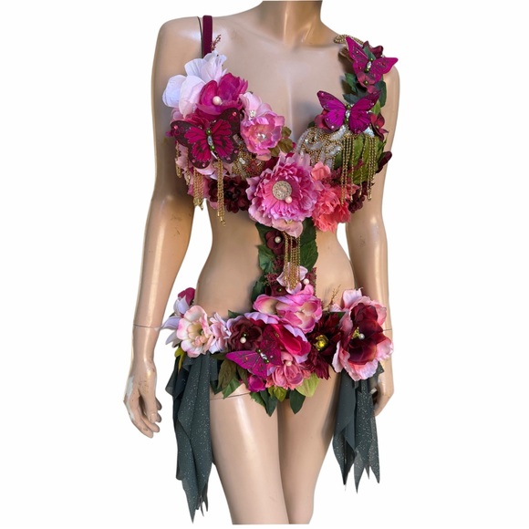Floral Pink Burgundy Spring Fairy monokini dress cosplay costume - Picture 2 of 5
